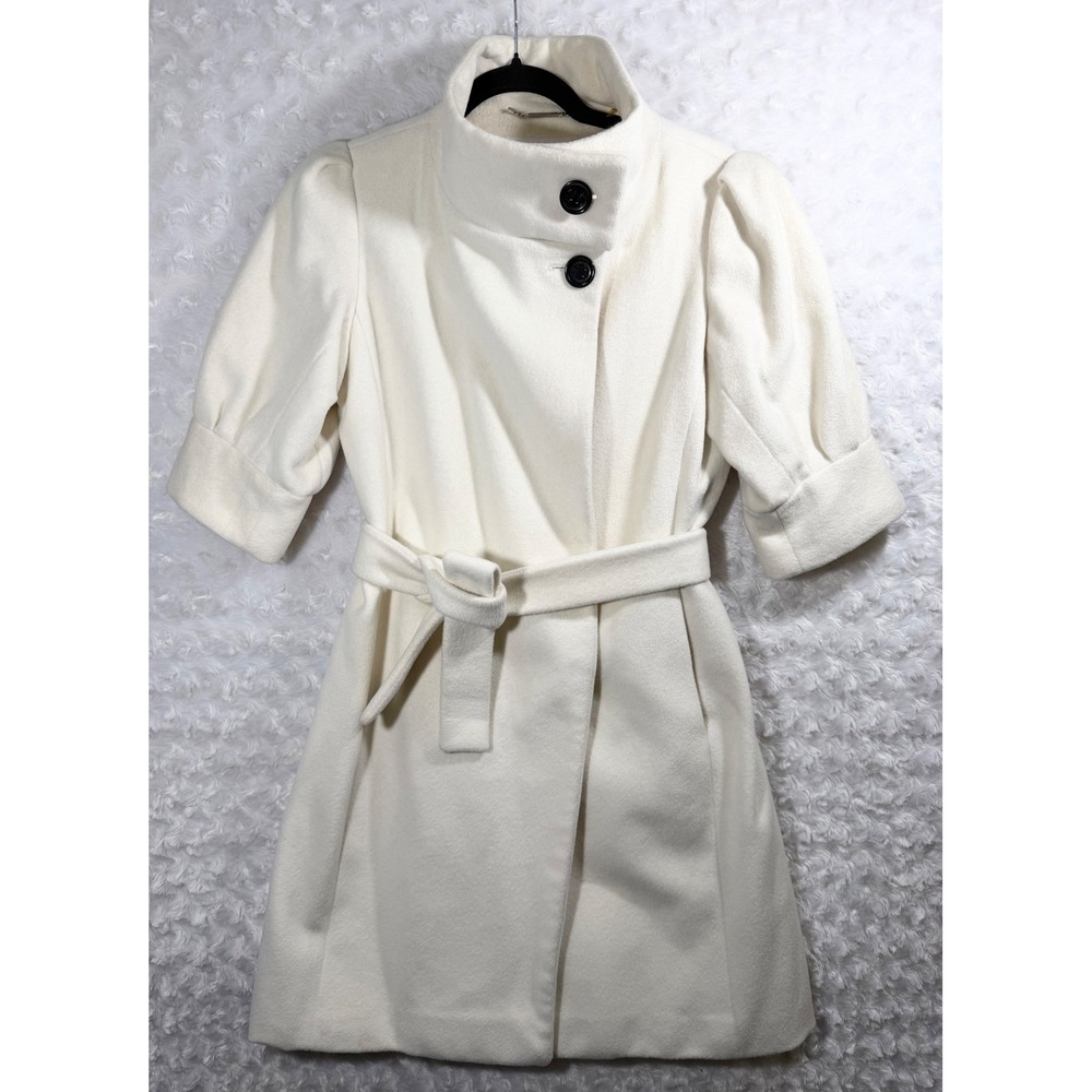 Calvin Klein Women Size 2 Cream Angora Wool Wrap Puff Sleeve Funnel Neck Coat